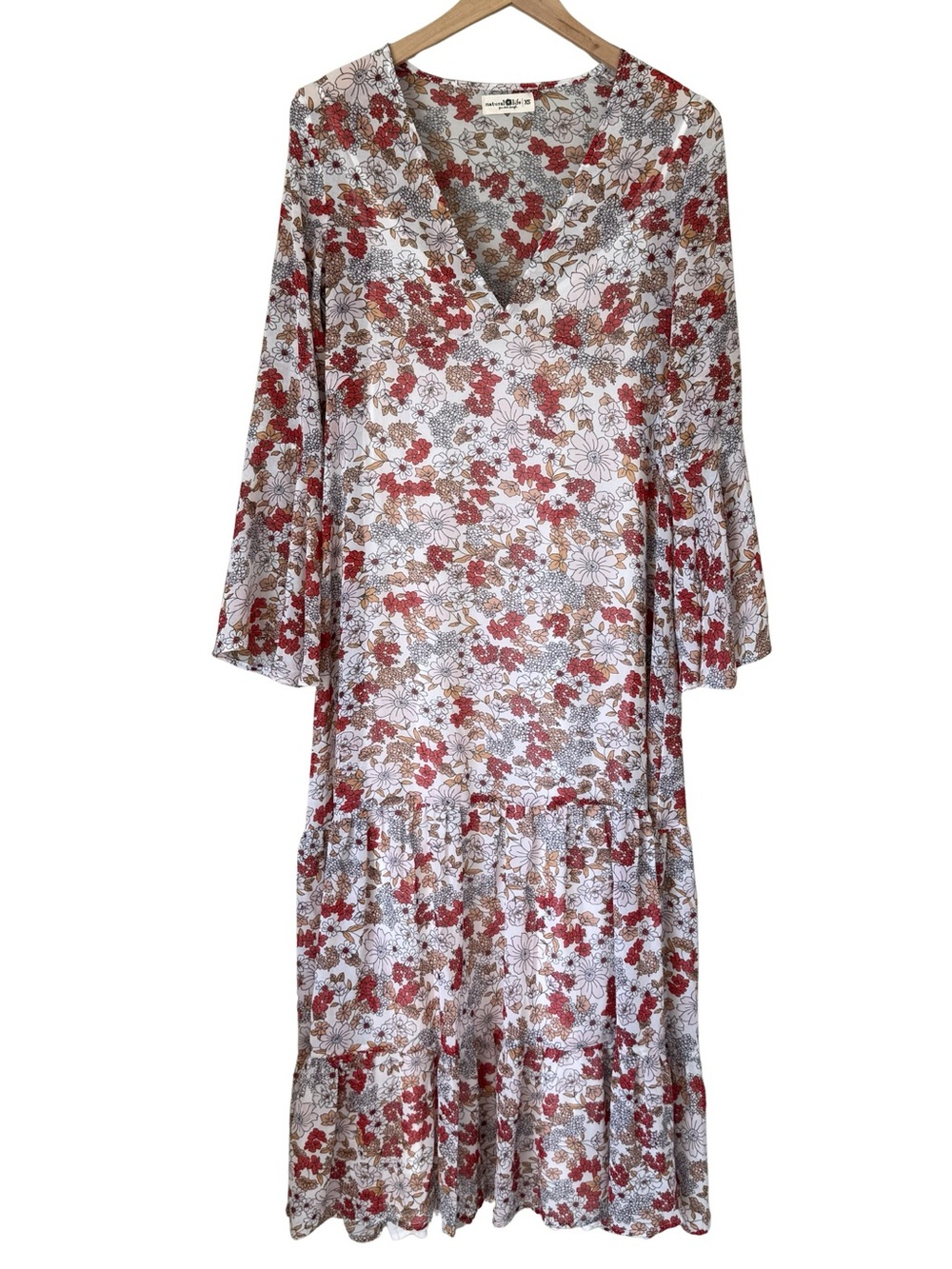 Natural Life - Sheer Multi Floral V Neck Tiered Bell Sleeve Maxi Dress - Size XS
